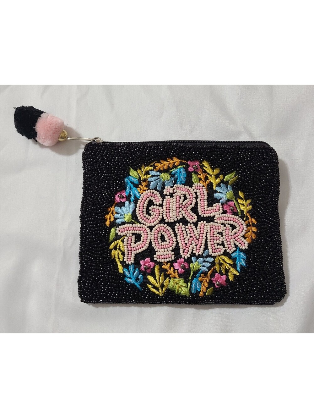 Shirdee Girl Power Hand-Beaded Bag Coin Purse Sz Small Black Travel Storage EUC